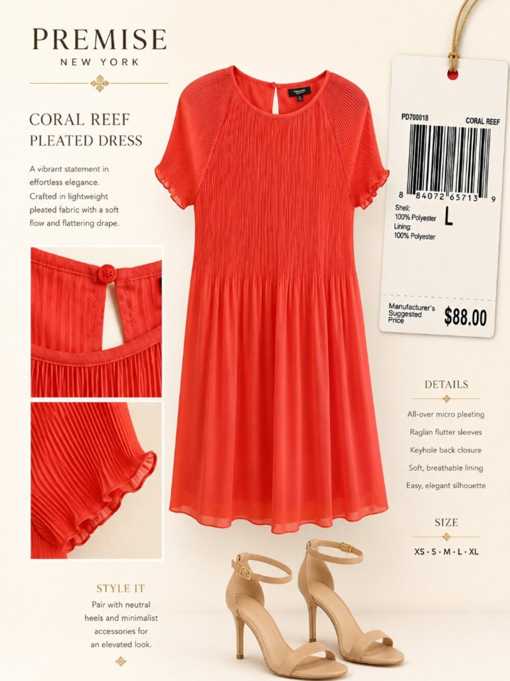 Premise Orange Short Sleeve Pleated Lined Dress Size L NWT